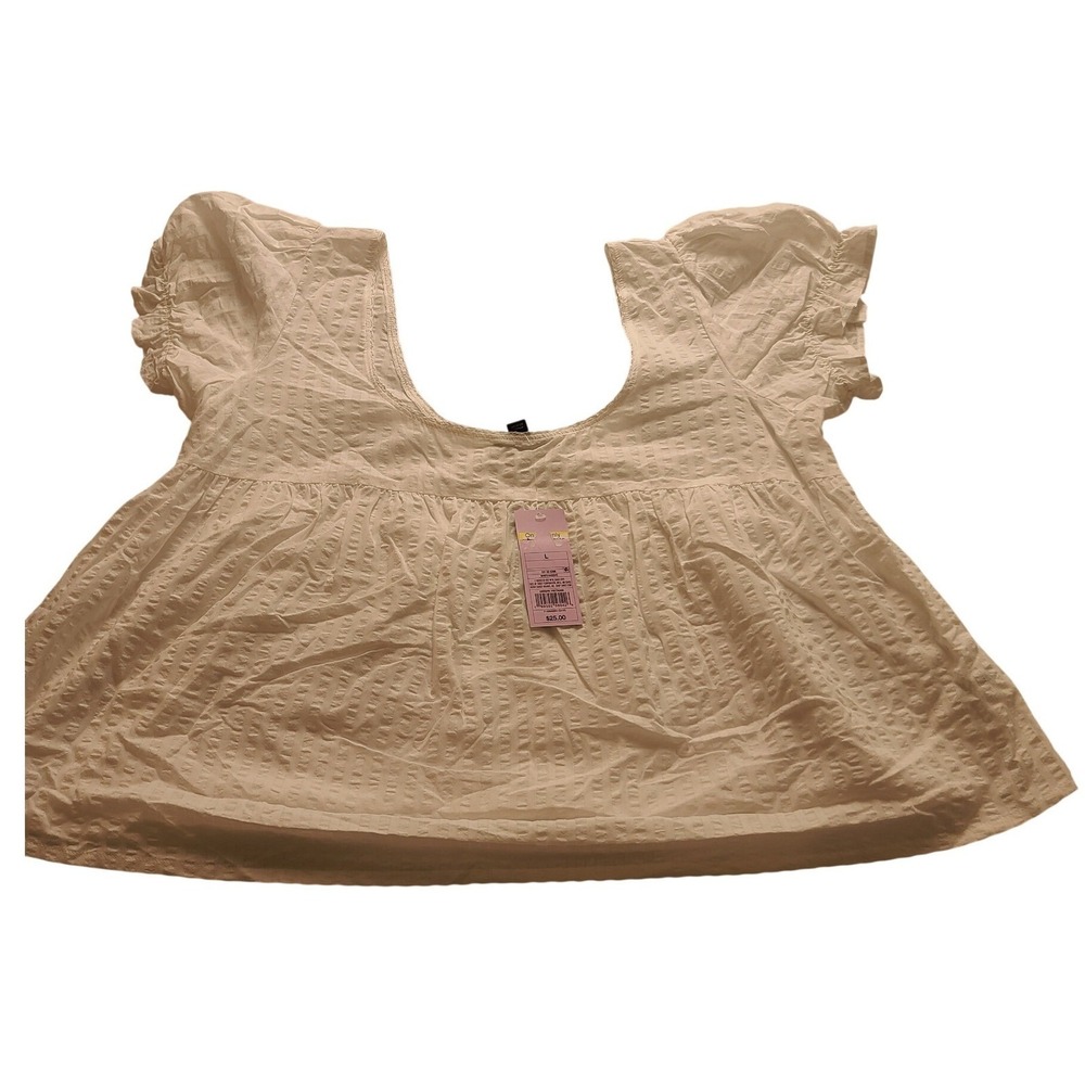 Wild Fable White Seersucker Baby doll Top Lace Trim Flutter Sleeve Size L NWT
